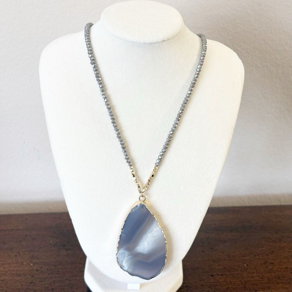Faux Agate Sparkly Beaded Long Necklace 30” Artsy BOHO
